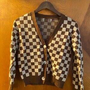 Brown and Cream V-Neck Cardigan with Checkered Pattern